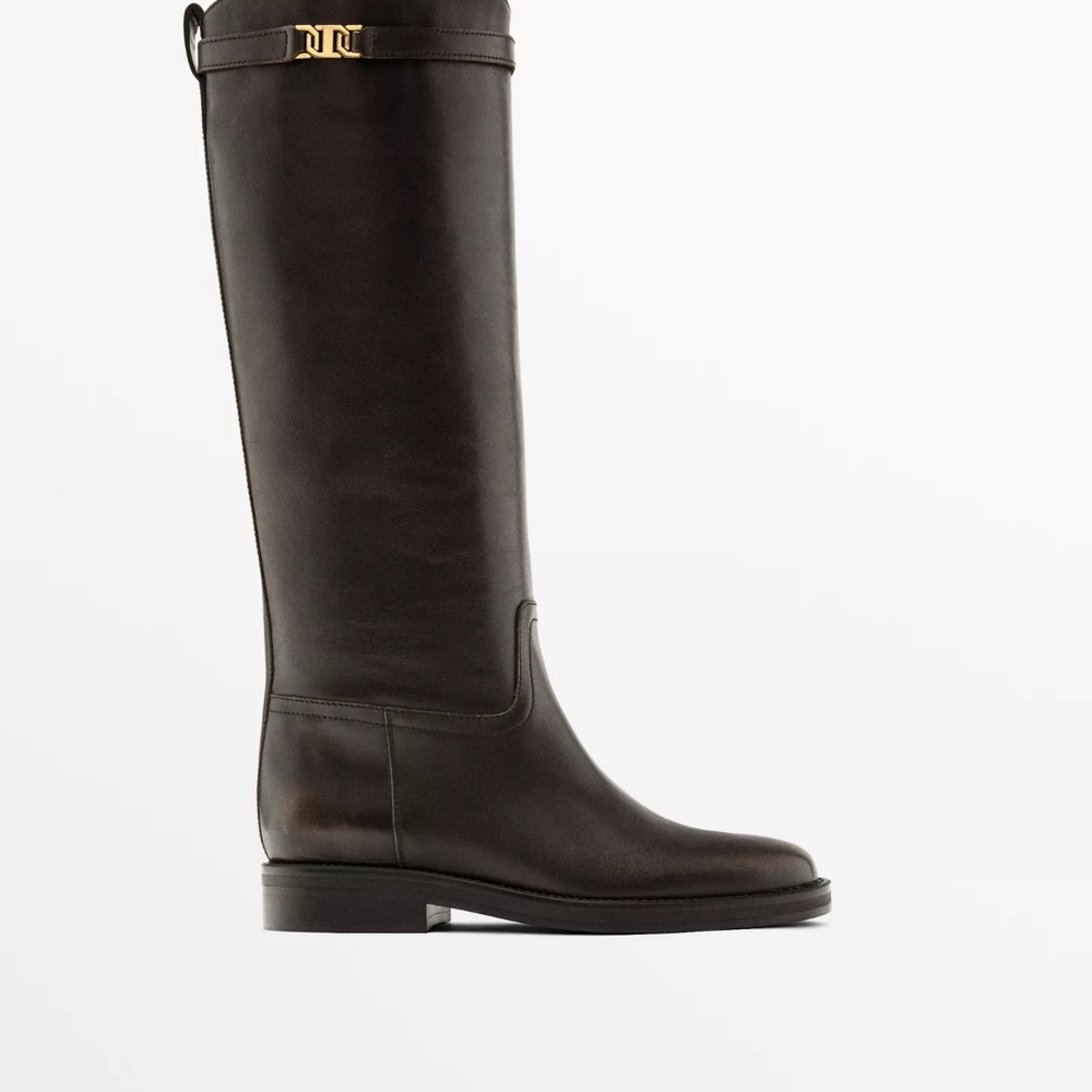 Massimo Dutti Dark Brown Over-the-Knee Leather Boots with Gold Accent